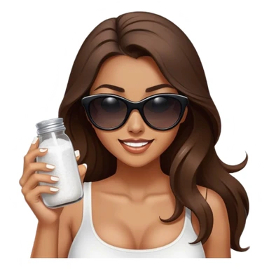 sassy woman with long brown hair, tan skin, and dark sunglasses holding a salt shaker filled with white table salt. She is shaking and sprinkling the salt. She is smirking.  sticker
