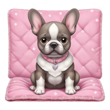 Gray French bulldog puppy sitting on fuzzy pink blanket, wearing an ultra realistic all diamonds collar sticker