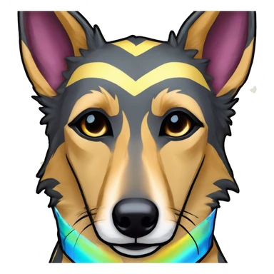  brindle brown black maroon striped lurcher Alsatian fox running blue eyes and iridescent holographic oilslick harness wearing paper iridescent tropical flower crown yellow caution tape sticker