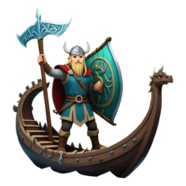 An icon representing an adventure game, inspired by Norse mythology. The design features a fierce Viking warrior standing at the prow of a dragon-headed longship, sailing through icy waters. Snow-capped mountains loom in the distance as the northern lights dance overhead, evoking a sense of conquest, mystery, and legend. Transparent background. sticker