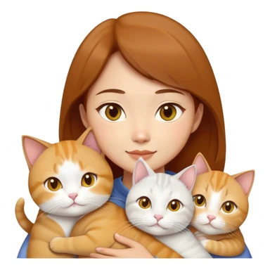 Asian girl, brown hair, brown eyes skin tone almond hugging three cats one ginger, one yellow white one British short hair cream colour sticker