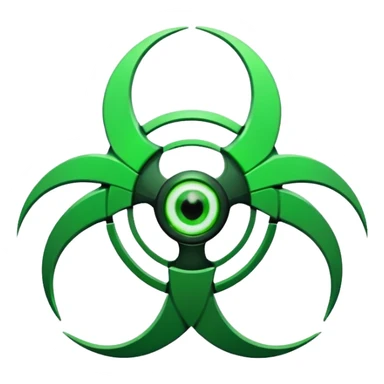 Minimalist emoji-style sticker of a fractured biohazard symbol with a small eye in the center. Stylized, geometric, no text.
 sticker