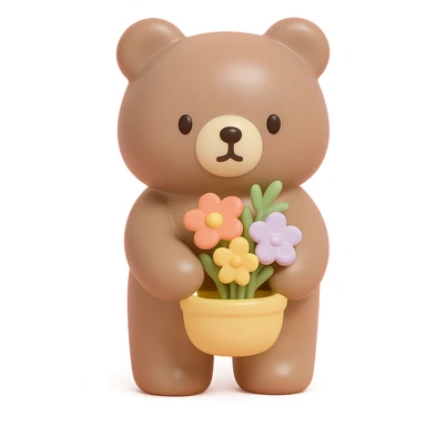 bear carrying a basket of wildflowers, soft pastel brown and cream, vinyl figure style sticker