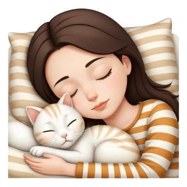 Brunette girl sleeping with white cat with beige stripes sticker