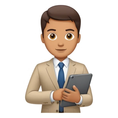 A flat-style illustration of a business executive confidently, holding a digital tablet or folder. The character wears smart business attire sticker