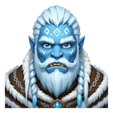Legendary fantasy orc Christmas portrait icon, Frostfather and Snow Maiden inspired, primal winter god style, massive icy beard, glowing blue eyes, heavy fur coat, tribal frost runes, powerful brutal presence, blizzard atmosphere, clean stylized emoji icon
 sticker