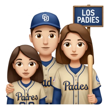 *White* Smiling couple. Woman has big cheeks and a lot of freckles on the nose. long brown hair. Man has black and very short hair and prominent eyebrows with egipcian nose. Both are wearing “Los Padres” baseball jerseys and with a sign that says “Go Padres!” sticker