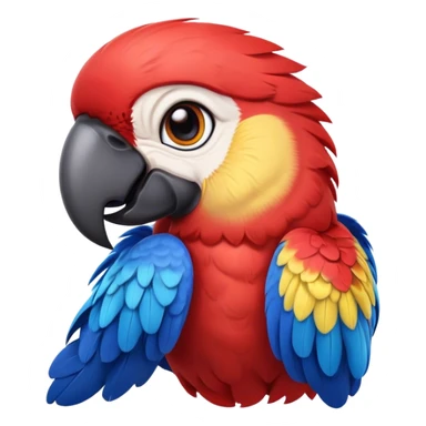Cinematic Realistic Cute Macaw Portrait Emoji, Head tilted playfully and inquisitively, featuring a compact, lively build with intricately detailed, vivid scarlet and blue feathers and a charming, expressive face with round, sparkling eyes full of tropical wonder, rendered with realistic texture and vibrant natural hues, high shine, affectionate and spirited, styled with a touch of whimsical rainforest charm, soft glowing outline, capturing the essence of a mischievous yet lovable macaw that seems poised to flutter playfully into your arms! sticker