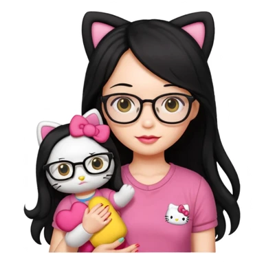 Nails cute with hello kitty wear glasses black long  hair, wear yellow shirt , red nails , big hello kitty doll sticker