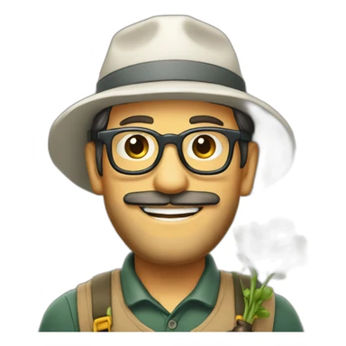 happy gardener short dark hair with long beard with steve job glasses with hat sticker