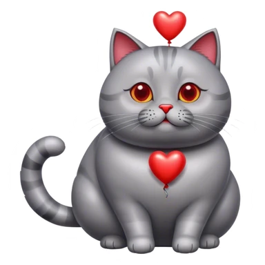 gray fat British cat and red heart metallic baloon sticker