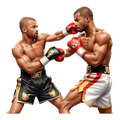 Roy Jones Jr. vs. Montell Griffin in the boxing ring. Jones is delivering a swift, powerful jab, while Griffin counters with a defensive move. The background shows a packed arena with bright lights, emphasizing the intensity and skill of the legendary fight. Transparent background sticker
