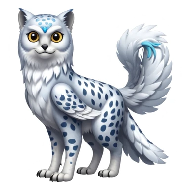 Realistic wild natural elegant pretty beautiful handsome shiny colorful furry 4-legged digitigrade snow-leopard-snowy-owl-gryphon-griffin-arctic-fox-fusion-hybrid-fursona-furry-animal-creature, full body, hyper-realism, long tufted tail sticker