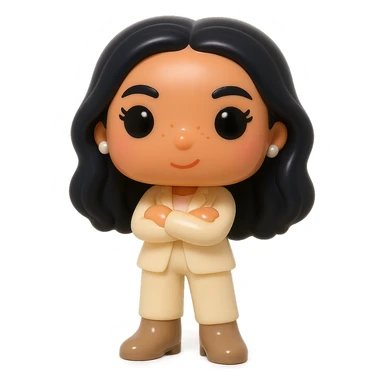 Funko Pop style vinyl figure with luminous smooth tanned skin, highly detailed dark hair, hyper-textured feminine cream suit (jacket and pants), small pearly earrings, greige leather boots clearly visible, arms crossed, rosy cheeks, very discreet freckles, eyelashes, mischievous and cheerful expression, no mouth, transparent background. sticker