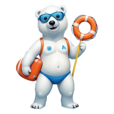 full body friendly anthropomorphised polar bear wearing swim suit with board shorts below the knee and scuba goggles, holding a life buoy, standing in a puddle sticker