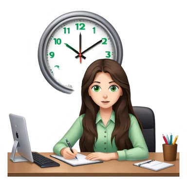 long haired brunette girl with green eyes working at a desk with wall clock at 6pm sticker