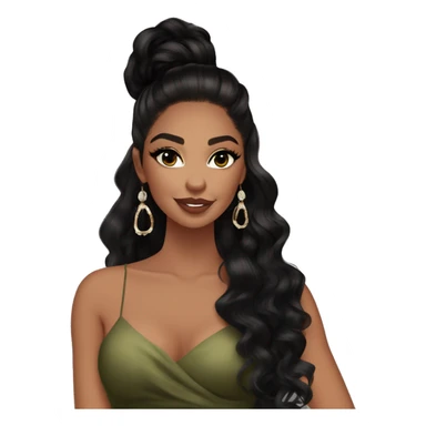 Glamorous, cocktail dress, black balayage hair, long wavy hair, olive skin, brown almond eyes, winged eyeliner with big lashes, wearing hooped earrings, rings and bracelets  sticker