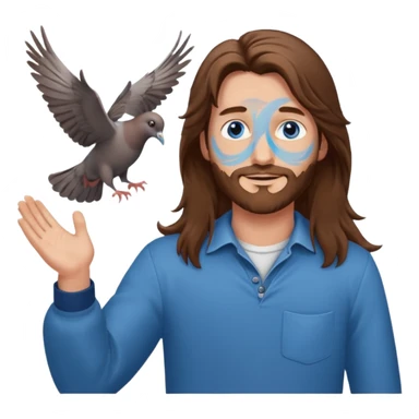 long haired man open arms looking at a flying pigeon sticker