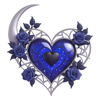 gothic heart, midnight blue glass, silver crescent moon, tiny black roses, shimmering stardust, silver spiderweb overlay sticker