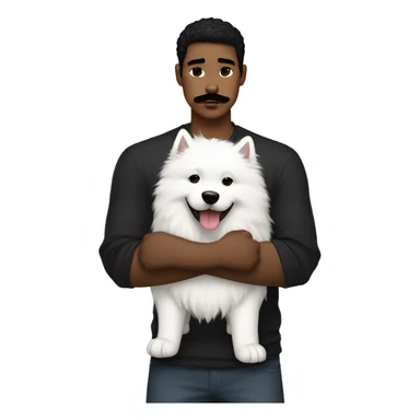 White boy with dark black hair and dark black mustache hugs Samoyed  sticker