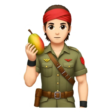 quiero que crees la imange de un Mango con Brazos fuertes y piernas como las de un culturista, que lleve uniforme militar de selva y que tenga pelo largo y una bandana roja en la cabeza como la de rambo y tambien que este en posicion de ataque con una ametralladora pixelart sticker