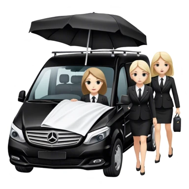 2 woman in suits pushing a stretcher in to a black mercedes Vito funeral van  sticker
