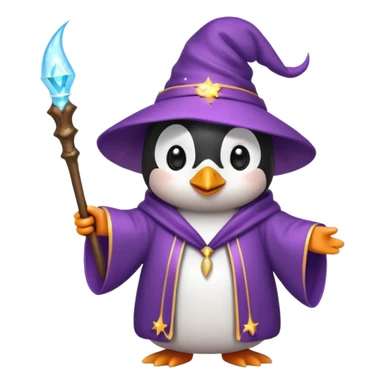 cute penguin wizard casting a spell, wearing a robe and holding a wand, magical sparkles around, emoji style sticker