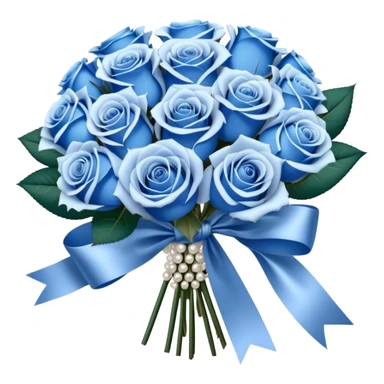 A luxurious bouquet of deep blue and pastel blue roses, elegantly wrapped in pearl satin ribbon, with delicate silver baby's breath flowers adding a shimmering touch sticker