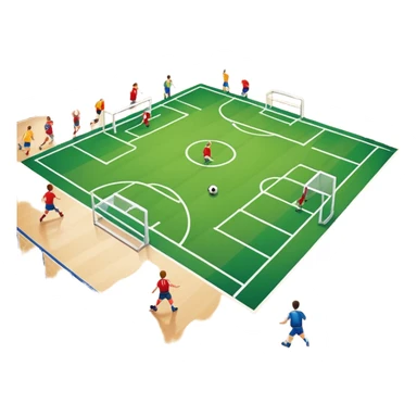 A mini-football match in an indoor sports hall with wooden flooring and clear field markings. The scene shows a vibrant game in action, with players positioned on the court, the goalposts visible, and the atmosphere filled with energy and focus. sticker