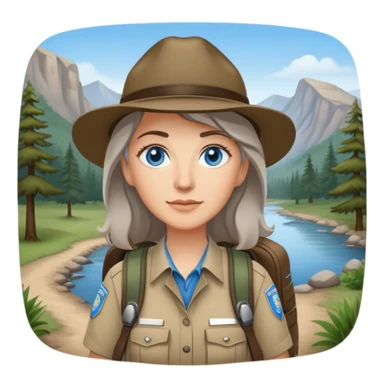 white woman park ranger with blue eyes, brown and gray hair, wearing a backpack, standing in a nature background sticker