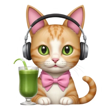 A cat wearing headphones with a glass of matcha, a pink bow on his ear sticker