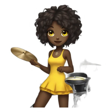cute punk girl in yellow dress dark skin with yellow eyes and dark curvy hairs drummer anime style sticker