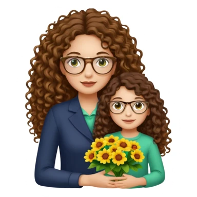 light skinned brunette long curly haired woman with green/hazel eyes framed with fine round gold rimmed glasses holding big bright bunch of flowers with one hand and young kindergarten age daughter's hand (also with long brown curly hair) in other. White background. sticker