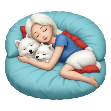A girl in her early 20s sleeping with her white Japanese spitz dog on her bed sticker