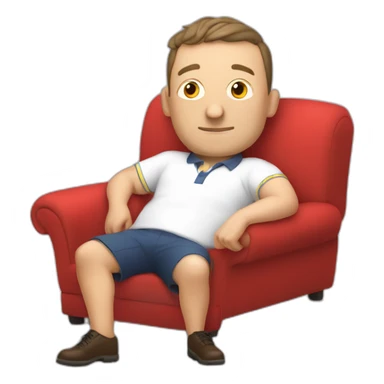 tim robinson very tired laying down on a red couch in a white polo shirt, chest up clean shaven sticker