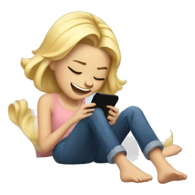 blonde girl giggling and kicking her feet while laying on her bed looking at her phone sticker