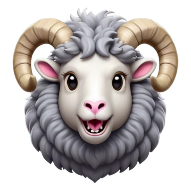Cinematic Comical Ram Portrait Emoji, Head tilted dramatically with an exaggeratedly amused expression, featuring a striking woolly grey fur with impressively curled horns, wide, expressive dark eyes filled with playful disbelief, Simplified yet hilariously expressive features, highly detailed, glowing with a slightly sassy glow, high shine, dramatic yet playful, stylized with an air of cheeky mischief, bright and endearing, soft glowing outline, capturing the essence of a spirited and over-the-top ram, so meme-worthy it feels like it could butt its way into internet fame instantly! sticker