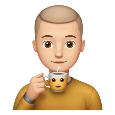 a white short guy with a buzz cut drinking a cup of coffee sticker