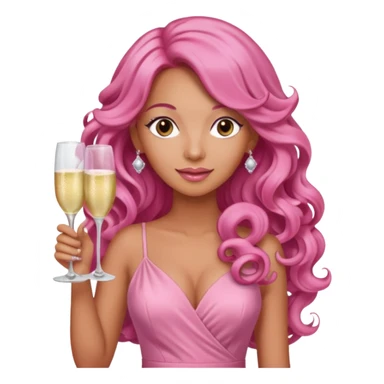One lady with long pink curled hair and tan skin holding two pink champagne glasses sticker