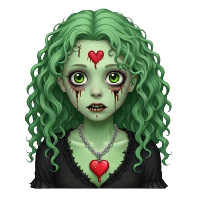 a green zombie girl with a scar on her face, long curly hair, wearing a black blouse and a silver necklace with a heart pendant. sticker