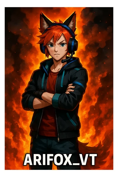 THE TWITCH AND YOUTUBE CHARACTER "ARIFOX_VT" STANDING IN FRONT OF SMOKE AND FIRE sticker