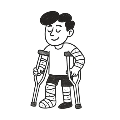 Add crutches and show more bandages on the injured man in the style of hand drawn doodles. Keep the doodle style. sticker
