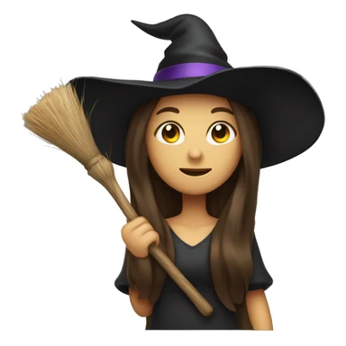 Witch with long brunette hair hat and and broom sticker