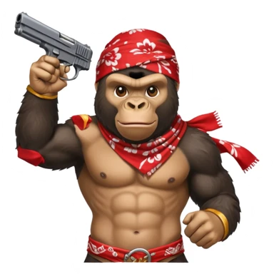 A gorilla holding a gun in the air with a bandana  sticker
