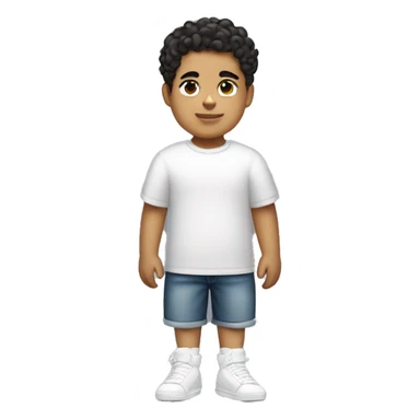 Full body young Hispanic boy that is extremely short and fat with a low taper fade with curly hair and is wearing a t shirt and white air forces  sticker