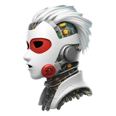 White Mohawk female cyborg head with red respirator mask and circuits sticker