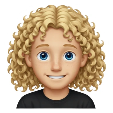 blonde boy with long curly hair past his ears, smiling, wearing a black shirt with freckles and blue eyes sticker