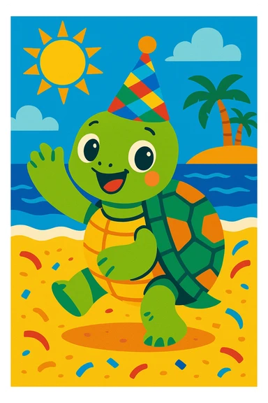 playful turtle on the beach with a festive party hat, bright and cheerful, colorful sticker