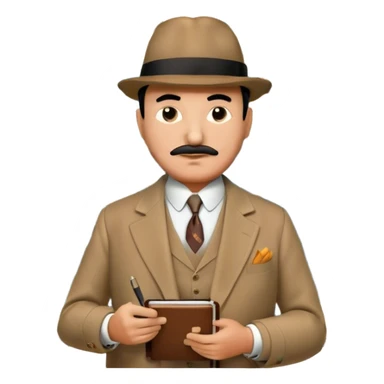 A cinematic-style frame showing Hercule Poirot in his iconic suit with a notebook in a dramatic detective pose. Background should be mysterious city, map, a board with photos of suspects, clues like fingerprints. Transparent background. sticker