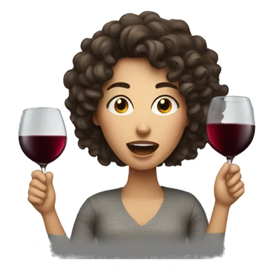 White Woman with curly dark brown hair drinking wine shouting sticker